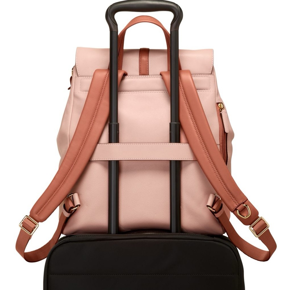 NWOT TUMI Pink and Brown Leather Backpack with Gold Clasp - Picture 5 of 12
